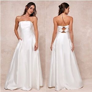 Lulus Pristine Love White Taffeta Strapless Long Maxi Dress With Pockets, Size L